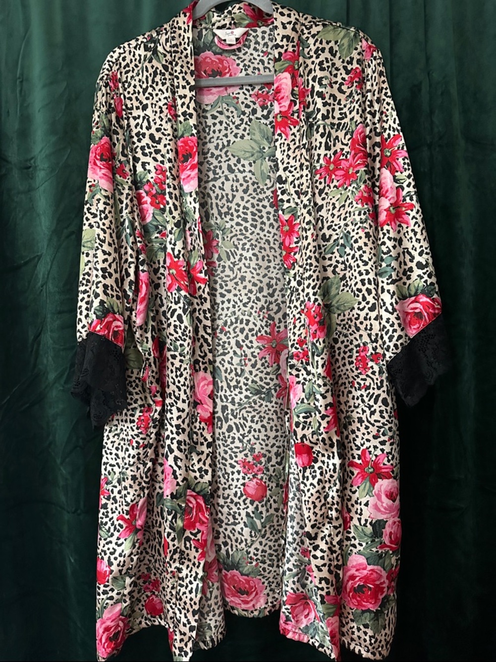 Floral Leopard Print Satin Kimono Robe with Black Lace Cuffs